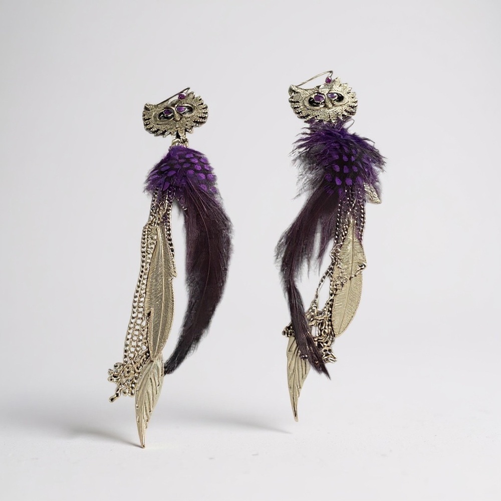 Elegant Purple Feather Owl Earrings